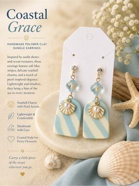 Coastal Grace Handmade Blue Stripe Seashell Pearl Dangle Earrings